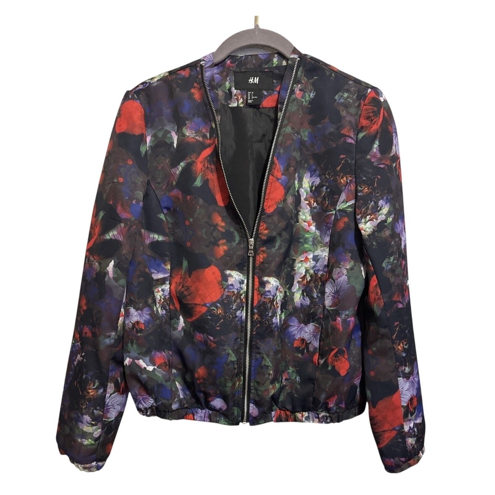 H&M Bomber Jacket Womens 2 Black Floral Moody Bloom‎ Dark Academia Zip Up